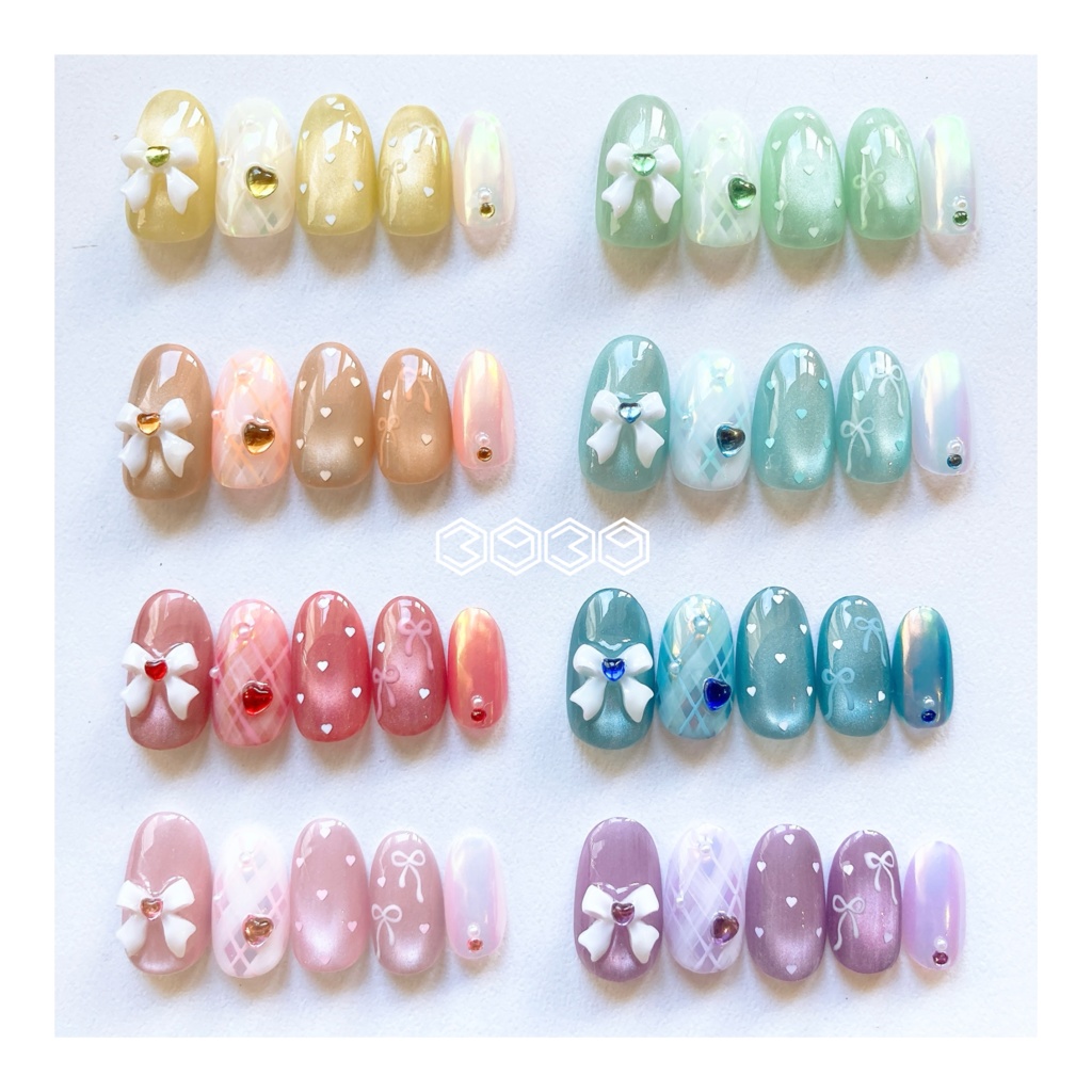 ネイルチップ 推し色うるうるリボンネイル レッド ピンク オレンジ イエロー グリーン ライトブルー ブルー パープル パステルカラーネイル バレエコアネイル