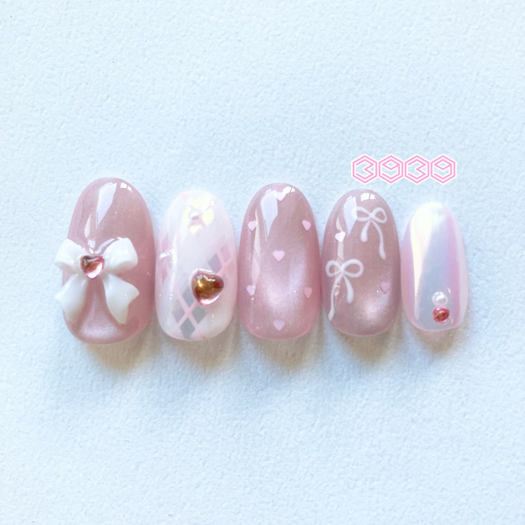 ネイルチップ 推し色うるうるリボンネイル レッド ピンク オレンジ イエロー グリーン ライトブルー ブルー パープル パステルカラーネイル バレエコアネイル