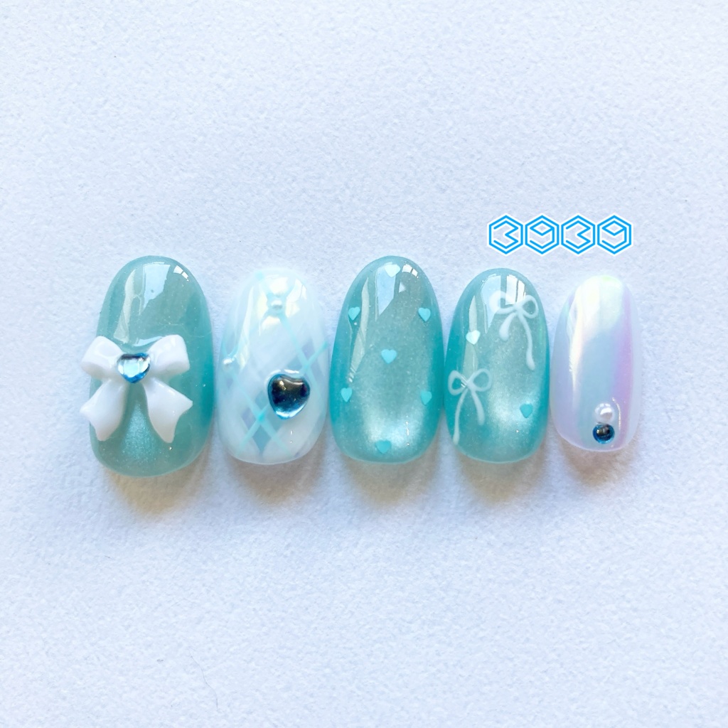 ネイルチップ 推し色うるうるリボンネイル レッド ピンク オレンジ イエロー グリーン ライトブルー ブルー パープル パステルカラーネイル バレエコアネイル