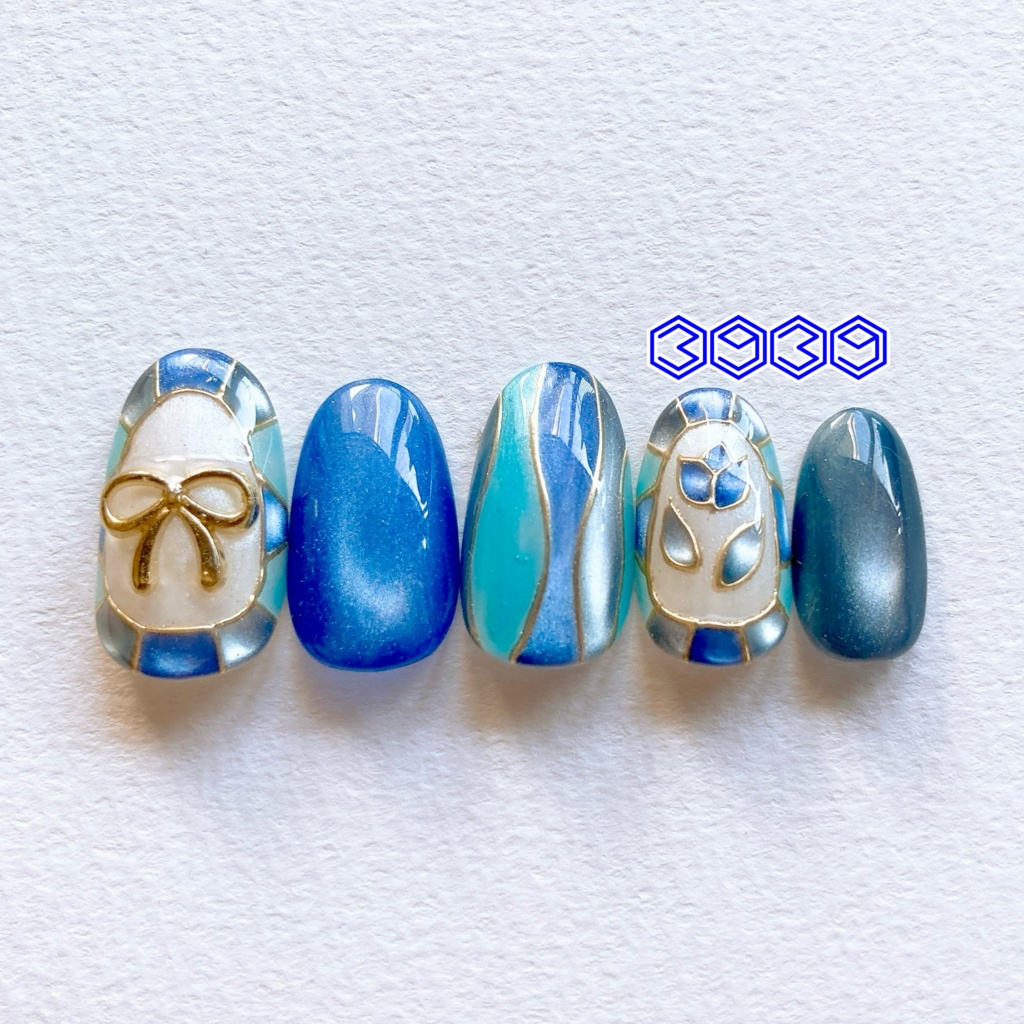 ネイルチップ ステンドグラスネイル リボンネイル 夏ネイル 推しネイル 付け爪 白 ブルー 青 水色 パープル 紫 グリーン 緑 イエロー 黄色 オレンジ ピンク 推し活ネイル メンカラネイル 付け爪