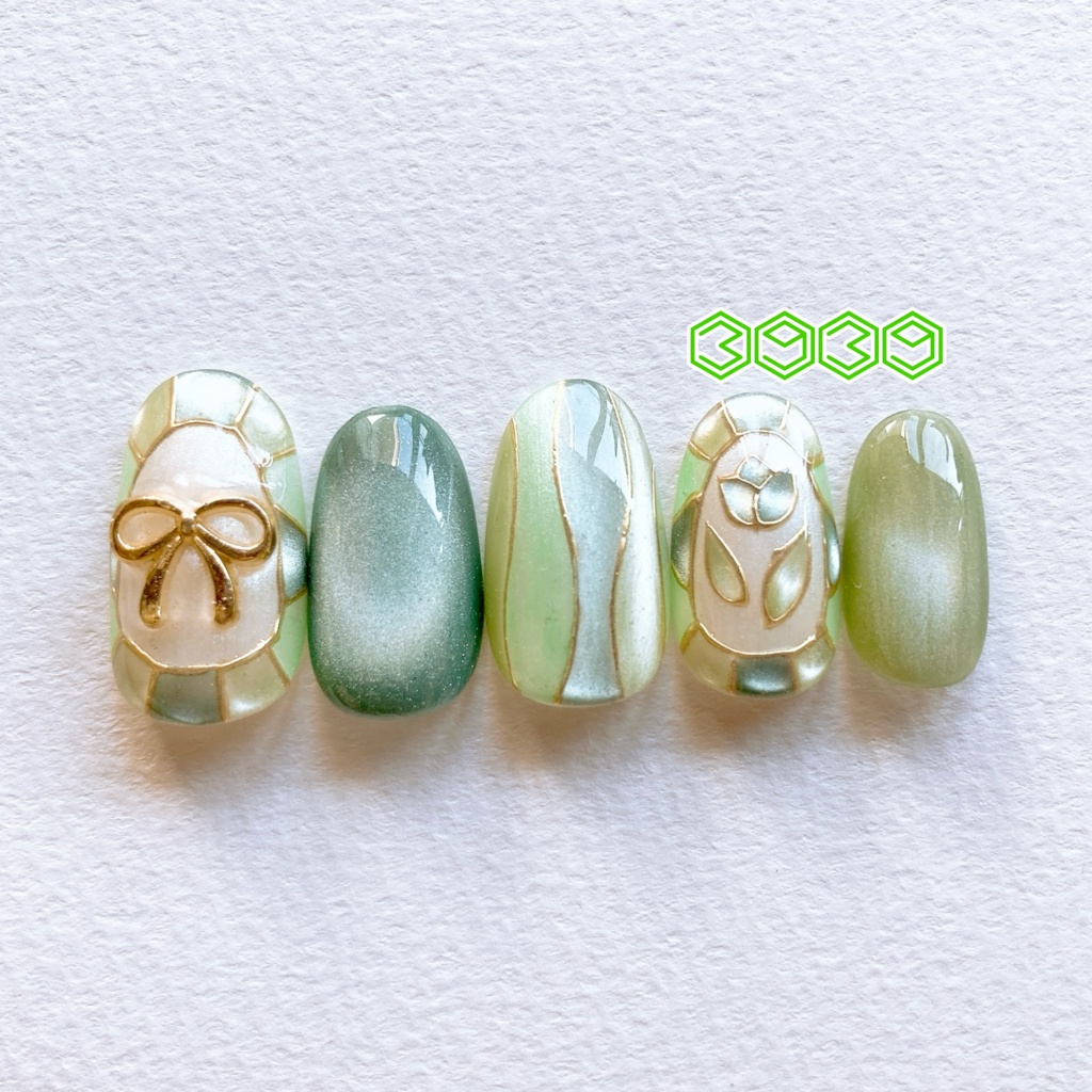 ネイルチップ ステンドグラスネイル リボンネイル 夏ネイル 推しネイル 付け爪 白 ブルー 青 水色 パープル 紫 グリーン 緑 イエロー 黄色 オレンジ ピンク 推し活ネイル メンカラネイル 付け爪