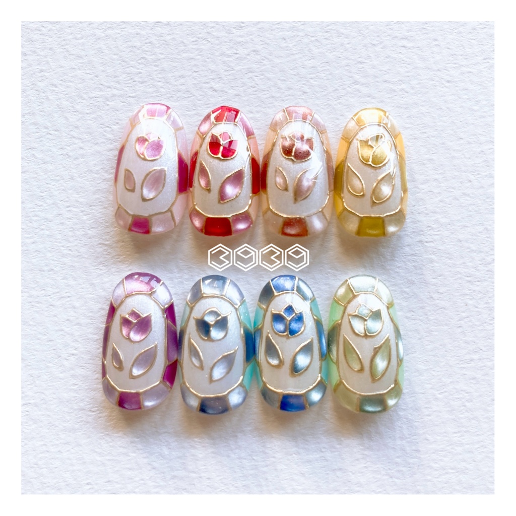ネイルチップ ステンドグラスネイル リボンネイル 夏ネイル 推しネイル 付け爪 白 ブルー 青 水色 パープル 紫 グリーン 緑 イエロー 黄色 オレンジ ピンク 推し活ネイル メンカラネイル 付け爪