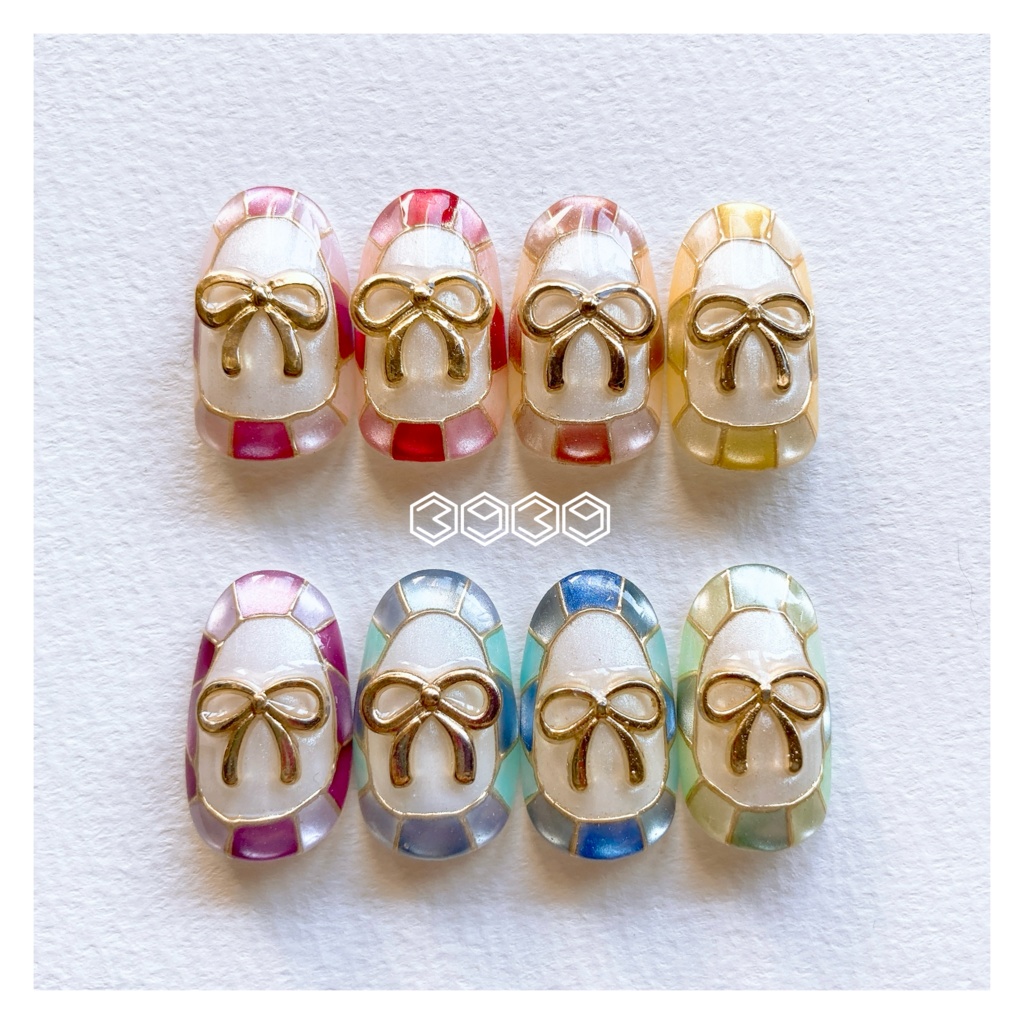 ネイルチップ ステンドグラスネイル リボンネイル 夏ネイル 推しネイル 付け爪 白 ブルー 青 水色 パープル 紫 グリーン 緑 イエロー 黄色 オレンジ ピンク 推し活ネイル メンカラネイル 付け爪