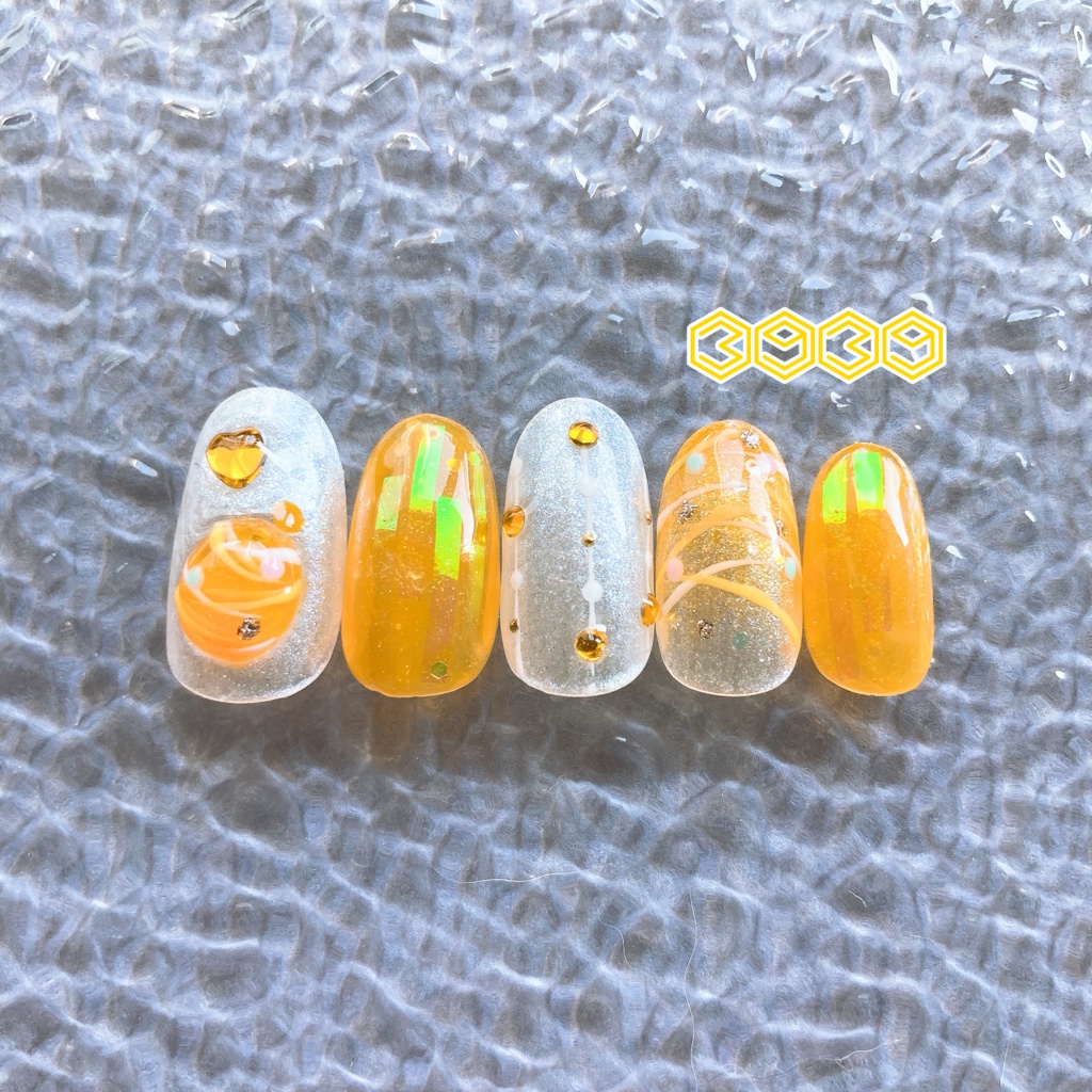 ネイルチップ ヨーヨーネイル 夏祭りネイル 夏ネイル 推しネイル 付け爪 白 ブルー 青 水色 パープル 紫 グリーン 緑 イエロー 黄色 オレンジ ピンク 推し活ネイル メンカラネイル