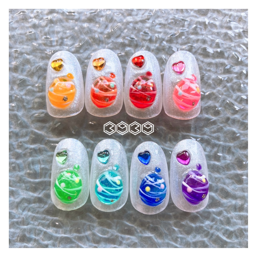 ネイルチップ ヨーヨーネイル 夏祭りネイル 夏ネイル 推しネイル 付け爪 白 ブルー 青 水色 パープル 紫 グリーン 緑 イエロー 黄色 オレンジ ピンク 推し活ネイル メンカラネイル
