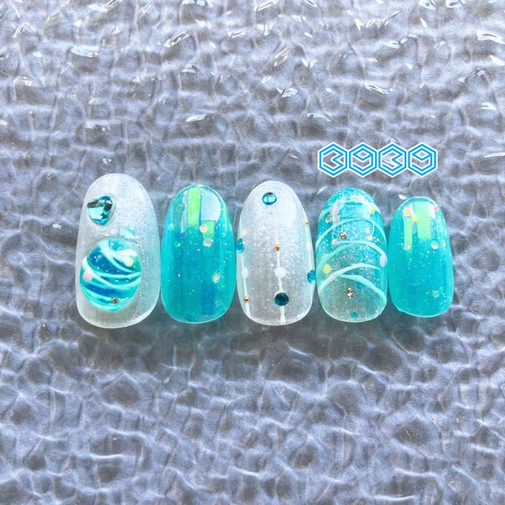 ネイルチップ ヨーヨーネイル 夏祭りネイル 夏ネイル 推しネイル 付け爪 白 ブルー 青 水色 パープル 紫 グリーン 緑 イエロー 黄色 オレンジ ピンク 推し活ネイル メンカラネイル