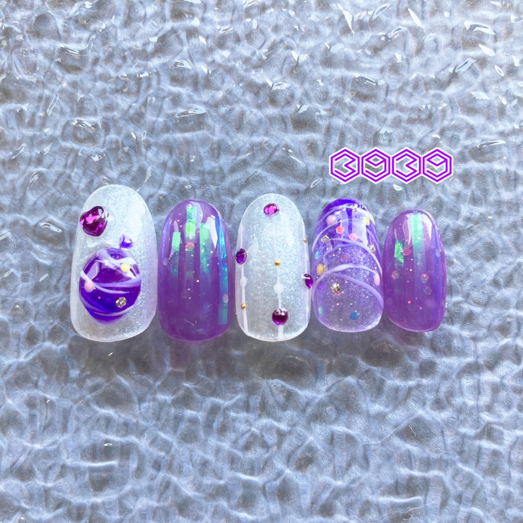 ネイルチップ ヨーヨーネイル 夏祭りネイル 夏ネイル 推しネイル 付け爪 白 ブルー 青 水色 パープル 紫 グリーン 緑 イエロー 黄色 オレンジ ピンク 推し活ネイル メンカラネイル