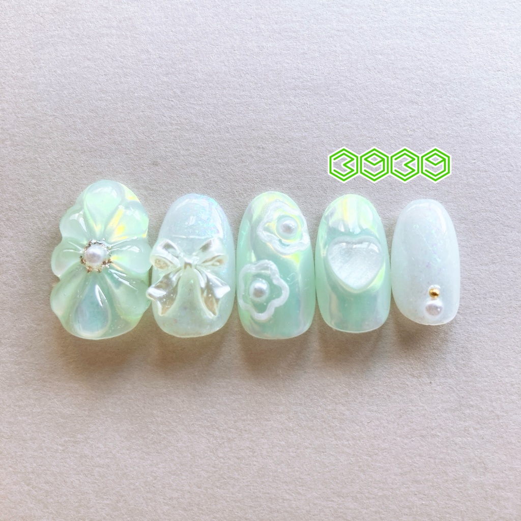 ネイルチップ ぷっくりフラワーネイル ゼリーネイル 夏ネイル 推しネイル 付け爪 白 ブルー 青 水色 パープル 紫 グリーン 緑 イエロー 黄色 オレンジ ピンク 推し活ネイル メンカラネイル