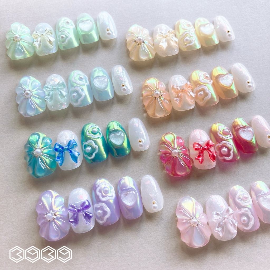 ネイルチップ ぷっくりフラワーネイル ゼリーネイル 夏ネイル 推しネイル 付け爪 白 ブルー 青 水色 パープル 紫 グリーン 緑 イエロー 黄色 オレンジ ピンク 推し活ネイル メンカラネイル