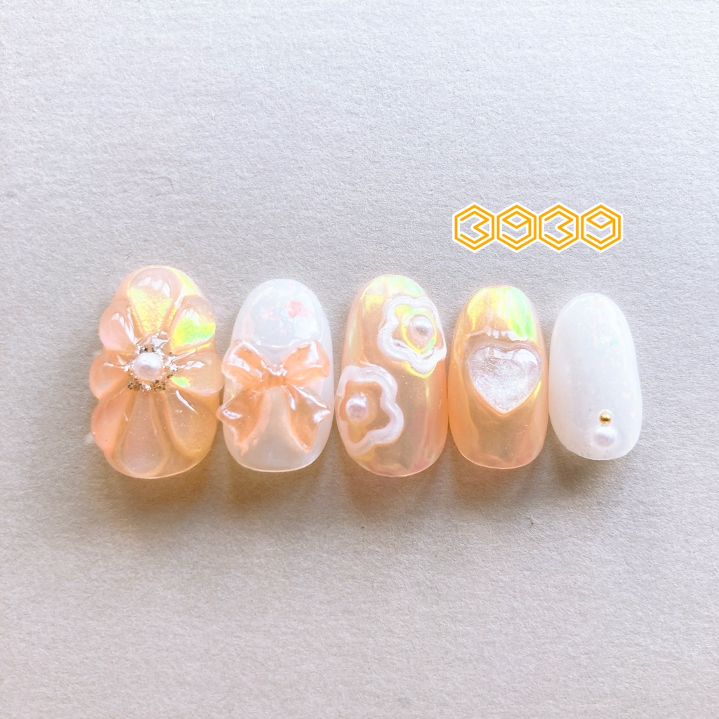 ネイルチップ ぷっくりフラワーネイル ゼリーネイル 夏ネイル 推しネイル 付け爪 白 ブルー 青 水色 パープル 紫 グリーン 緑 イエロー 黄色 オレンジ ピンク 推し活ネイル メンカラネイル