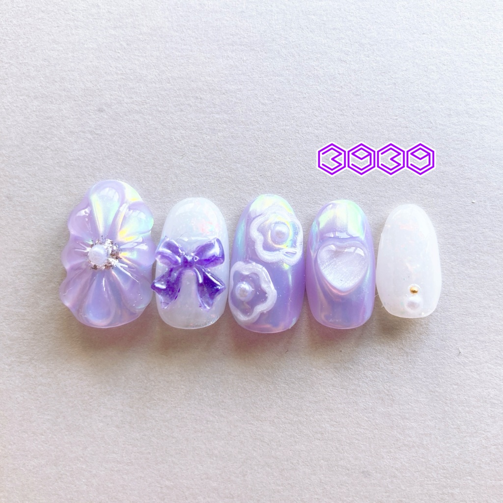 ネイルチップ ぷっくりフラワーネイル ゼリーネイル 夏ネイル 推しネイル 付け爪 白 ブルー 青 水色 パープル 紫 グリーン 緑 イエロー 黄色 オレンジ ピンク 推し活ネイル メンカラネイル