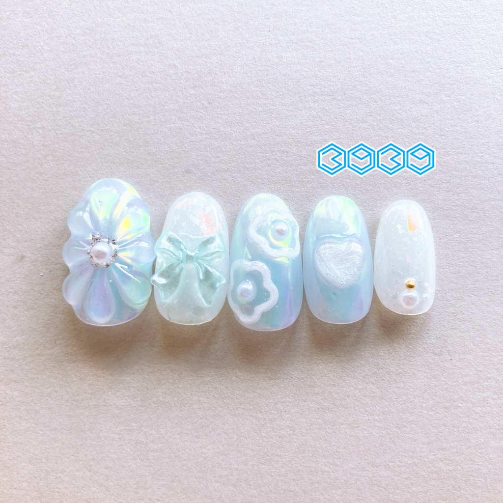 ネイルチップ ぷっくりフラワーネイル ゼリーネイル 夏ネイル 推しネイル 付け爪 白 ブルー 青 水色 パープル 紫 グリーン 緑 イエロー 黄色 オレンジ ピンク 推し活ネイル メンカラネイル