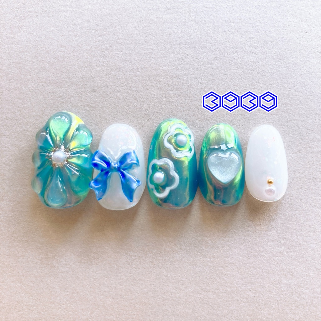 ネイルチップ ぷっくりフラワーネイル ゼリーネイル 夏ネイル 推しネイル 付け爪 白 ブルー 青 水色 パープル 紫 グリーン 緑 イエロー 黄色 オレンジ ピンク 推し活ネイル メンカラネイル