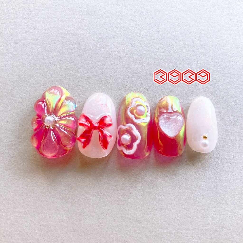 ネイルチップ ぷっくりフラワーネイル ゼリーネイル 夏ネイル 推しネイル 付け爪 白 ブルー 青 水色 パープル 紫 グリーン 緑 イエロー 黄色 オレンジ ピンク 推し活ネイル メンカラネイル