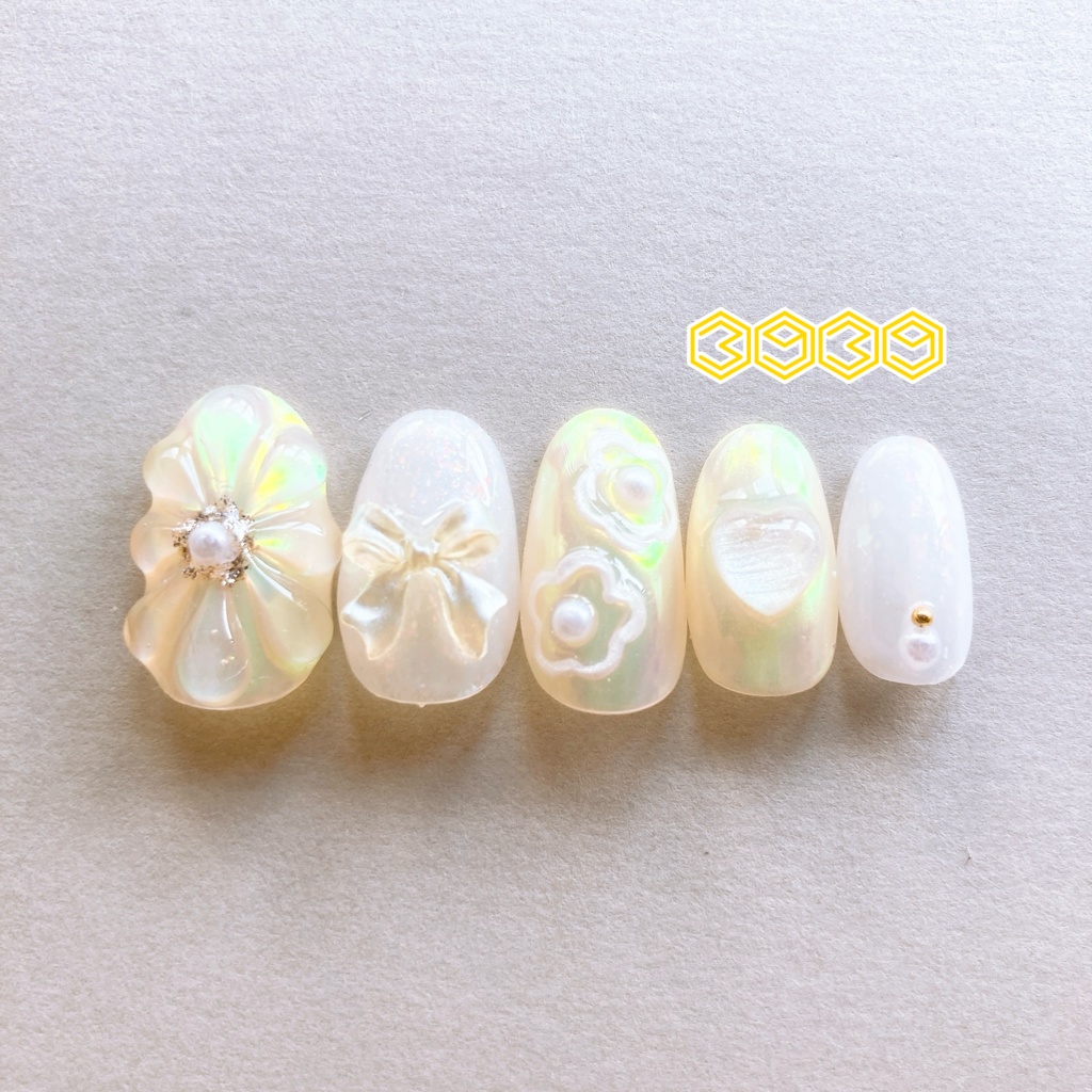 ネイルチップ ぷっくりフラワーネイル ゼリーネイル 夏ネイル 推しネイル 付け爪 白 ブルー 青 水色 パープル 紫 グリーン 緑 イエロー 黄色 オレンジ ピンク 推し活ネイル メンカラネイル