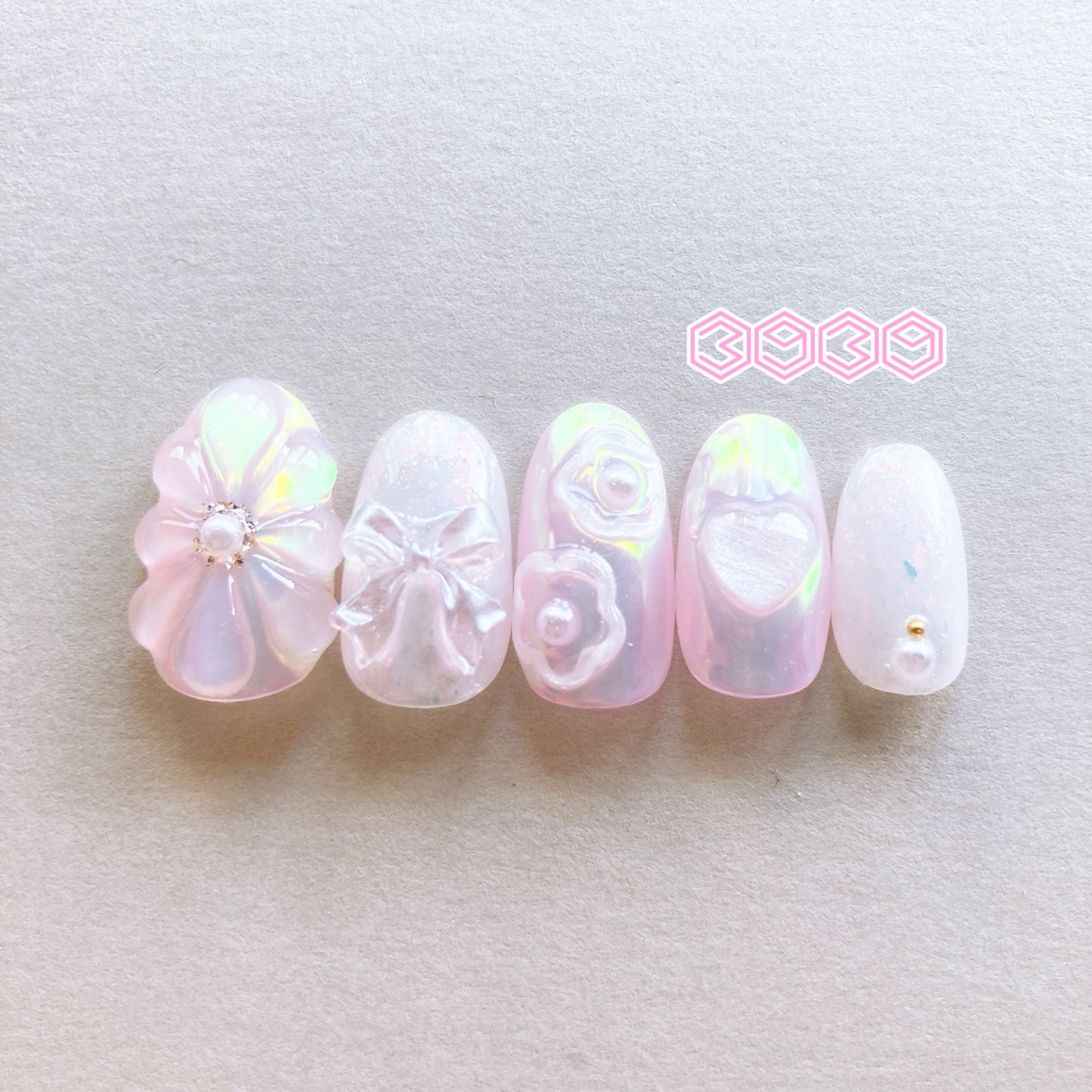 ネイルチップ ぷっくりフラワーネイル ゼリーネイル 夏ネイル 推しネイル 付け爪 白 ブルー 青 水色 パープル 紫 グリーン 緑 イエロー 黄色 オレンジ ピンク 推し活ネイル メンカラネイル