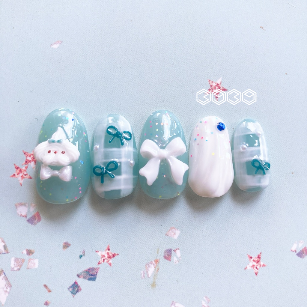 ネイルチップ ホイップワンちゃんネイル リボンネイル 夏ネイル 推しネイル 付け爪 白 ブルー 青 水色 パープル 紫 グリーン 緑 イエロー 黄色 オレンジ ピンク 推し活ネイル メンカラネイル