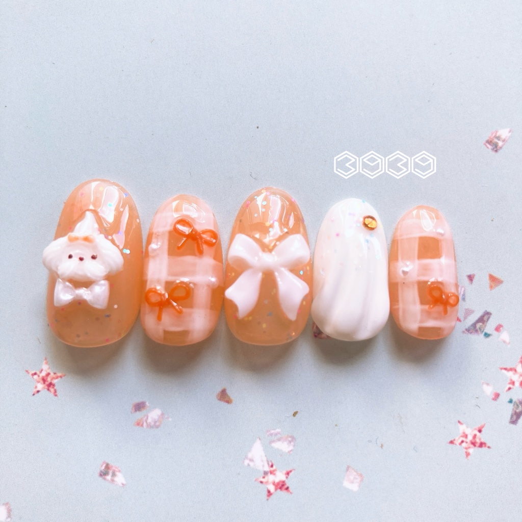 ネイルチップ ホイップワンちゃんネイル リボンネイル 夏ネイル 推しネイル 付け爪 白 ブルー 青 水色 パープル 紫 グリーン 緑 イエロー 黄色 オレンジ ピンク 推し活ネイル メンカラネイル