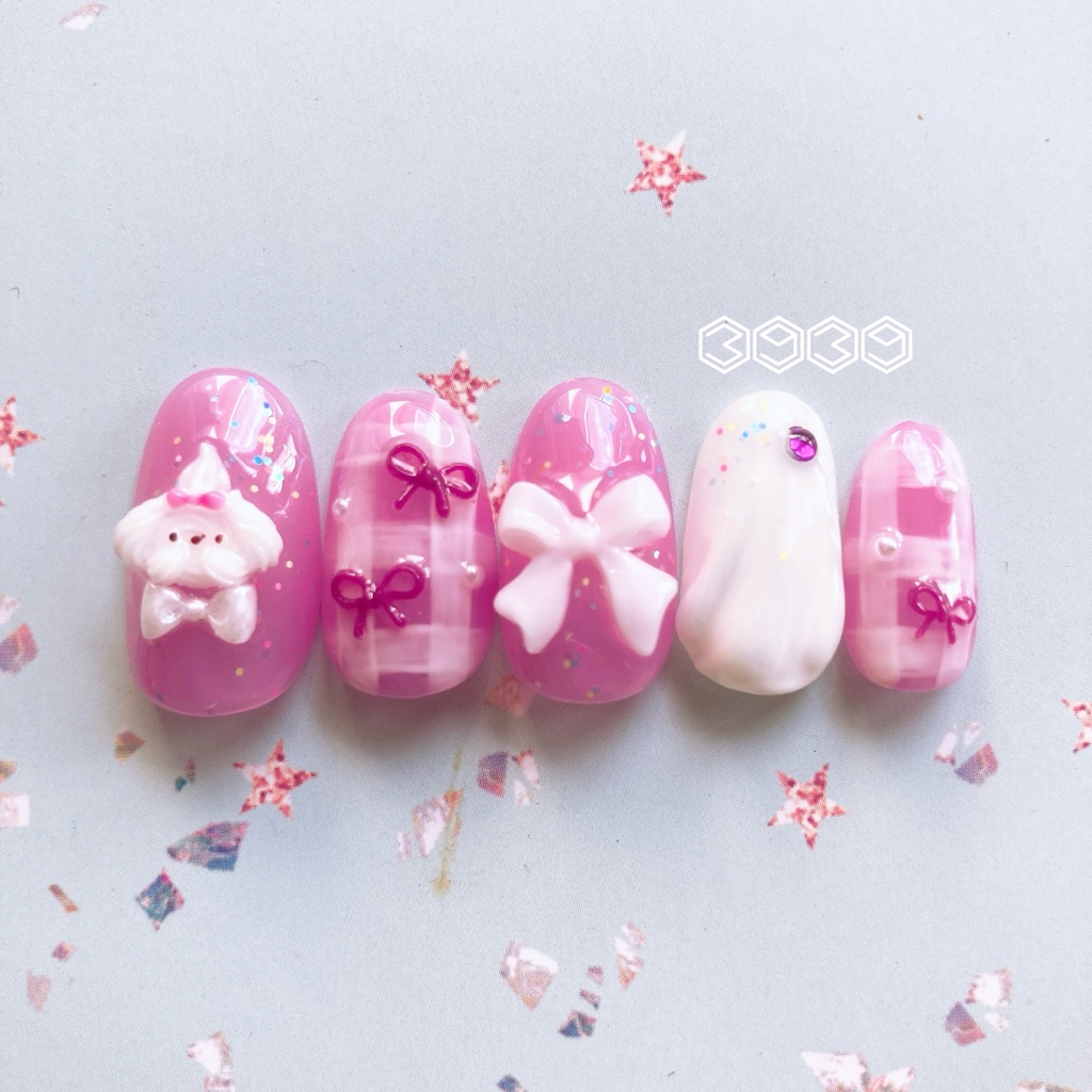 ネイルチップ ホイップワンちゃんネイル リボンネイル 夏ネイル 推しネイル 付け爪 白 ブルー 青 水色 パープル 紫 グリーン 緑 イエロー 黄色 オレンジ ピンク 推し活ネイル メンカラネイル