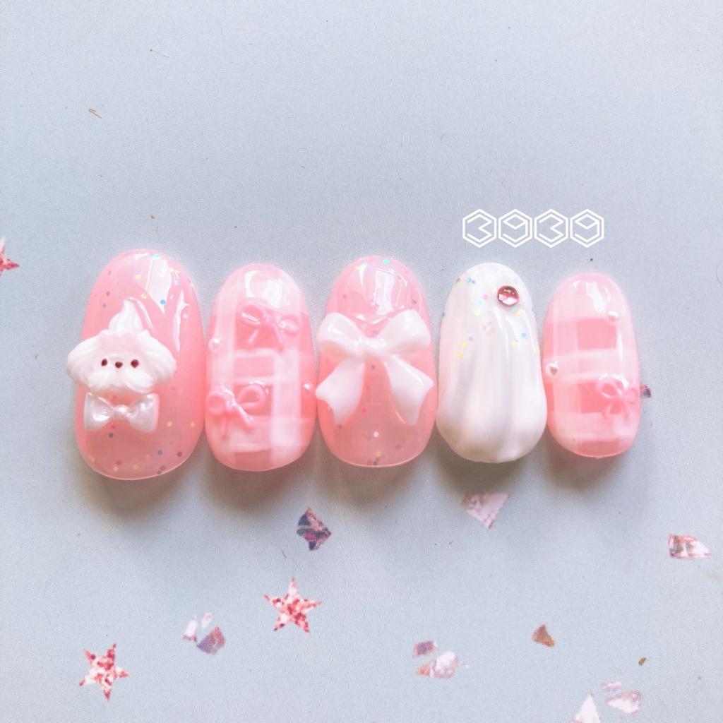 ネイルチップ ホイップワンちゃんネイル リボンネイル 夏ネイル 推しネイル 付け爪 白 ブルー 青 水色 パープル 紫 グリーン 緑 イエロー 黄色 オレンジ ピンク 推し活ネイル メンカラネイル