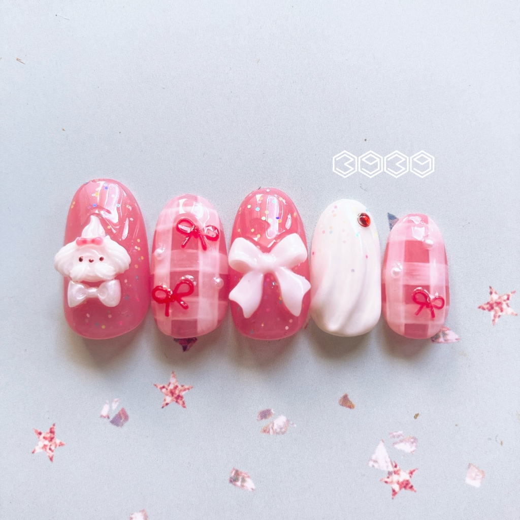 ネイルチップ ホイップワンちゃんネイル リボンネイル 夏ネイル 推しネイル 付け爪 白 ブルー 青 水色 パープル 紫 グリーン 緑 イエロー 黄色 オレンジ ピンク 推し活ネイル メンカラネイル