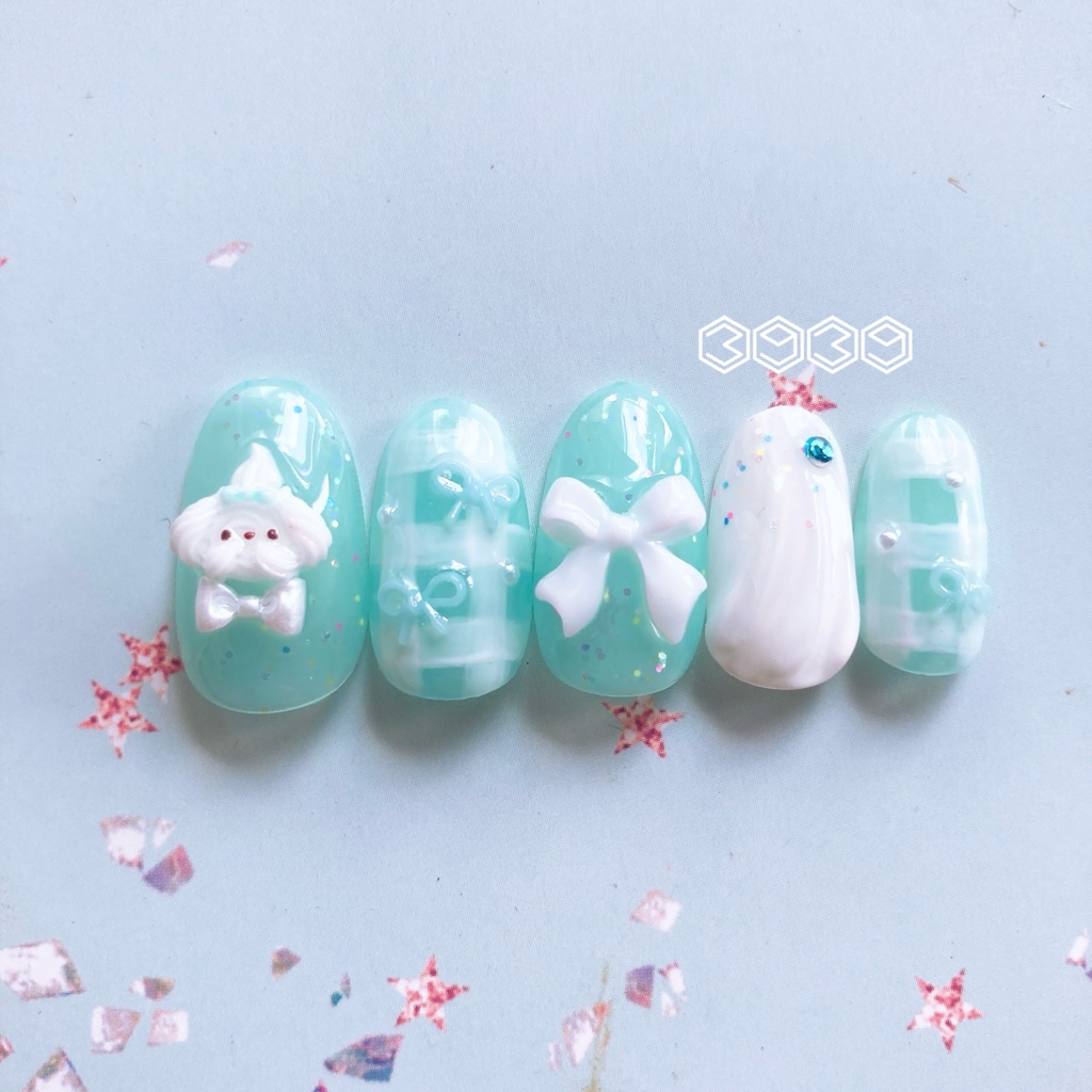 ネイルチップ ホイップワンちゃんネイル リボンネイル 夏ネイル 推しネイル 付け爪 白 ブルー 青 水色 パープル 紫 グリーン 緑 イエロー 黄色 オレンジ ピンク 推し活ネイル メンカラネイル