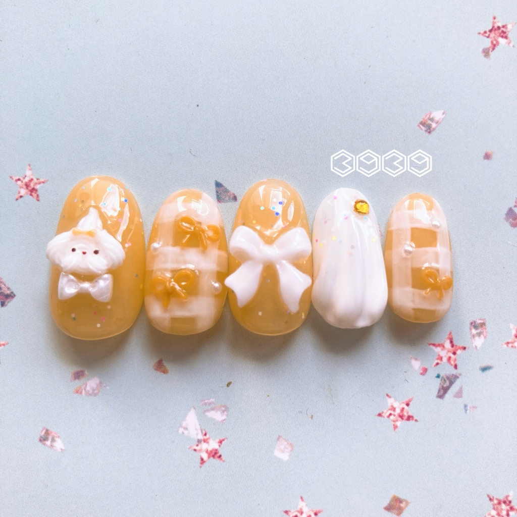 ネイルチップ ホイップワンちゃんネイル リボンネイル 夏ネイル 推しネイル 付け爪 白 ブルー 青 水色 パープル 紫 グリーン 緑 イエロー 黄色 オレンジ ピンク 推し活ネイル メンカラネイル