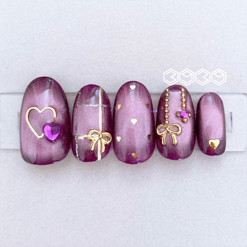 ネイルチップ ゴールドリボン×マグネットネイル イエロー オレンジ レッド ピンク グリーン ライトブルー ブルー パープル 推し活ネイル 推し色ネイル