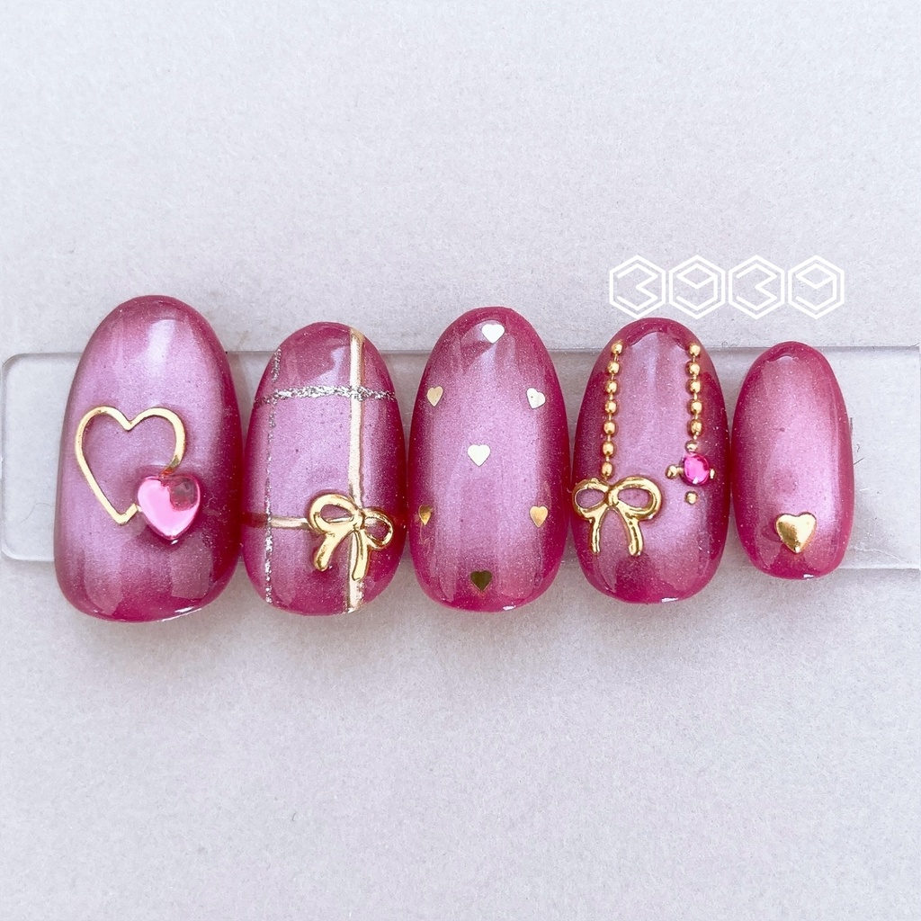 ネイルチップ ゴールドリボン×マグネットネイル イエロー オレンジ レッド ピンク グリーン ライトブルー ブルー パープル 推し活ネイル 推し色ネイル