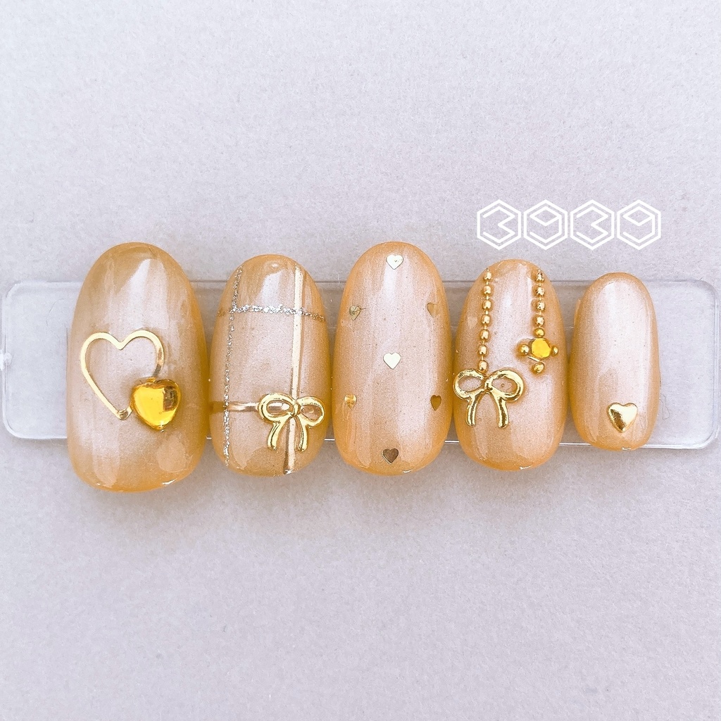 ネイルチップ ゴールドリボン×マグネットネイル イエロー オレンジ レッド ピンク グリーン ライトブルー ブルー パープル 推し活ネイル 推し色ネイル