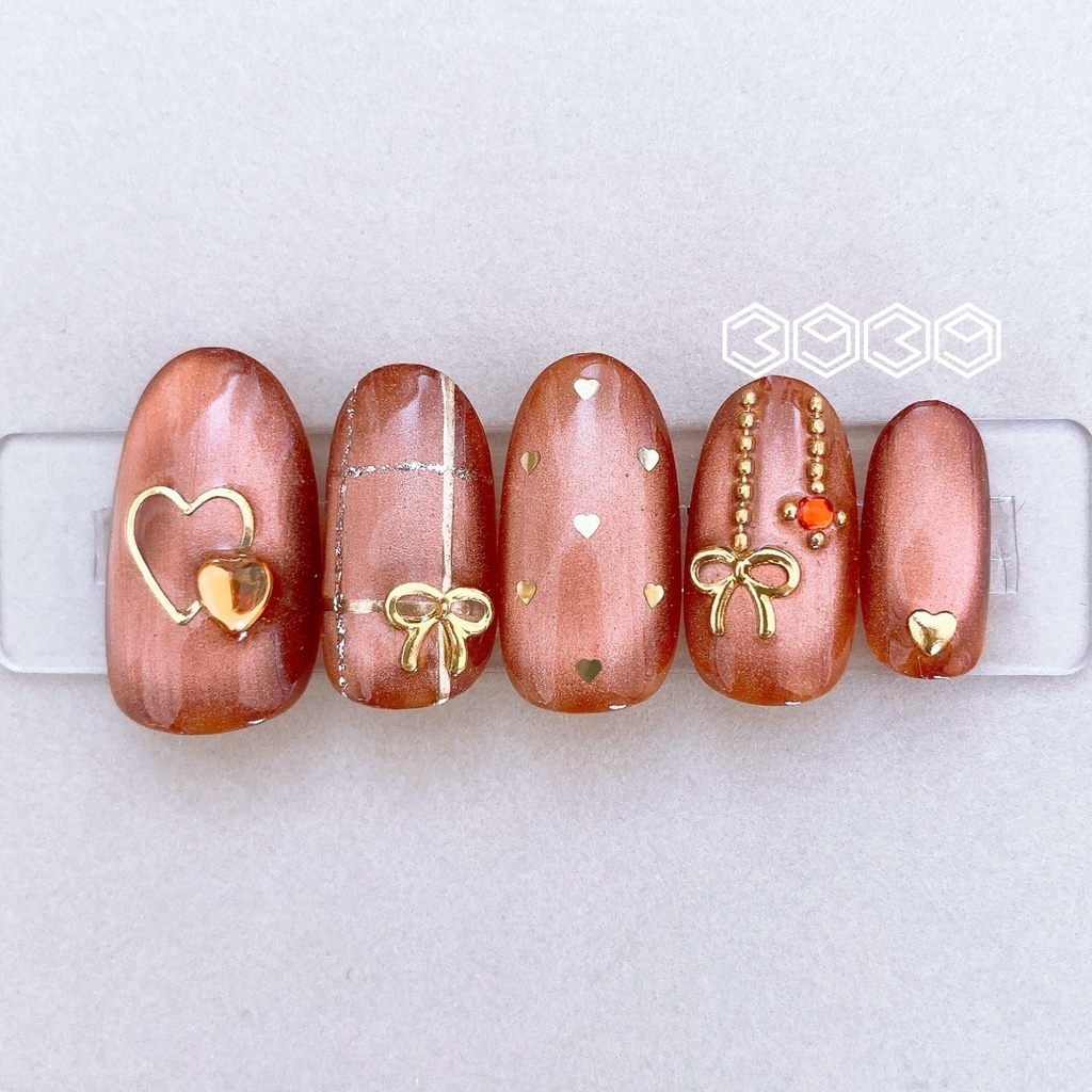 ネイルチップ ゴールドリボン×マグネットネイル イエロー オレンジ レッド ピンク グリーン ライトブルー ブルー パープル 推し活ネイル 推し色ネイル