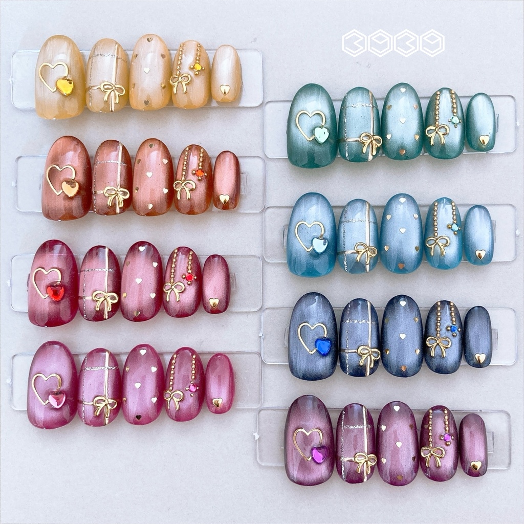 ネイルチップ　ゴールドリボン×マグネットネイル　イエロー　オレンジ　レッド　ピンク　グリーン　ライトブルー　ブルー　パープル　推し活ネイル　推し色ネイル