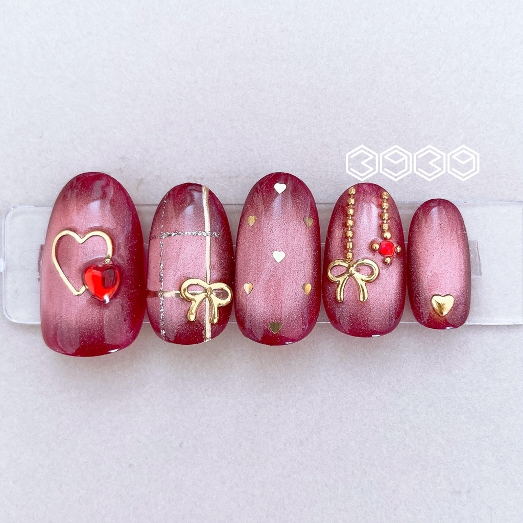 ネイルチップ ゴールドリボン×マグネットネイル イエロー オレンジ レッド ピンク グリーン ライトブルー ブルー パープル 推し活ネイル 推し色ネイル