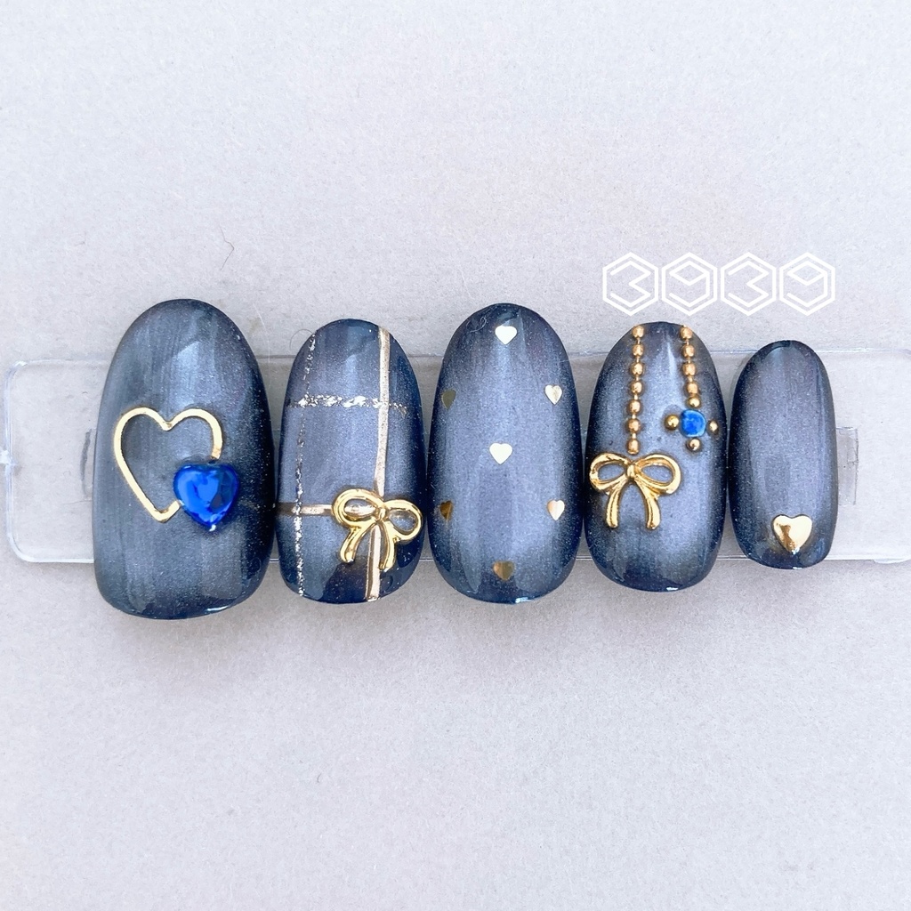 ネイルチップ ゴールドリボン×マグネットネイル イエロー オレンジ レッド ピンク グリーン ライトブルー ブルー パープル 推し活ネイル 推し色ネイル