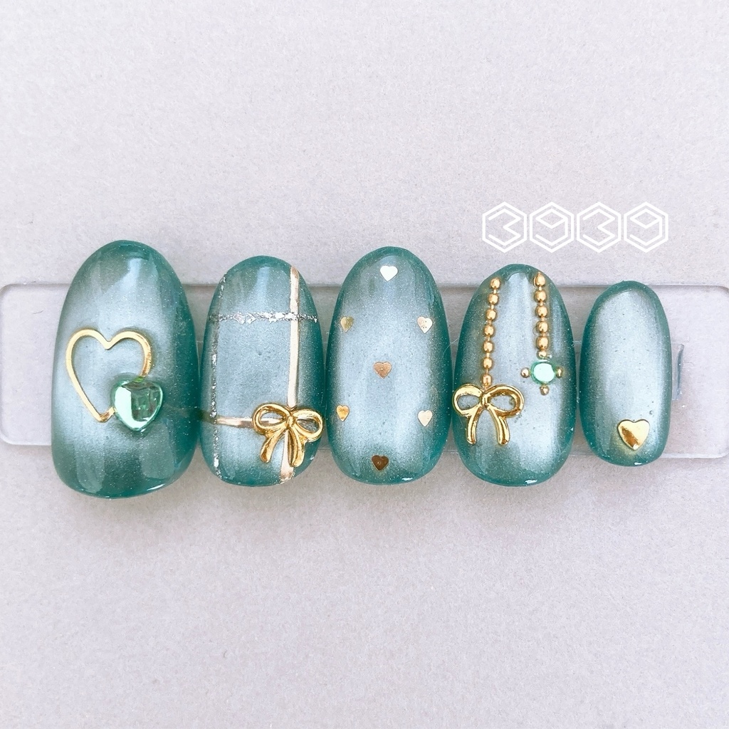 ネイルチップ ゴールドリボン×マグネットネイル イエロー オレンジ レッド ピンク グリーン ライトブルー ブルー パープル 推し活ネイル 推し色ネイル