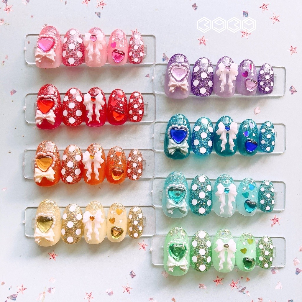 ネイルチップ 水玉×リボンネイル イエロー オレンジ レッド ピンク グリーン ライトブルー ブルー パープル 推し活ネイル 推し色ネイル