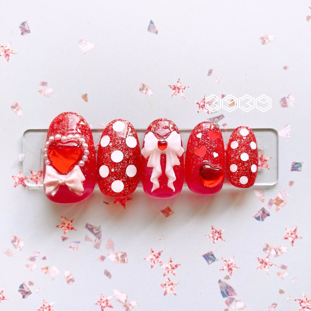 ネイルチップ 水玉×リボンネイル イエロー オレンジ レッド ピンク グリーン ライトブルー ブルー パープル 推し活ネイル 推し色ネイル