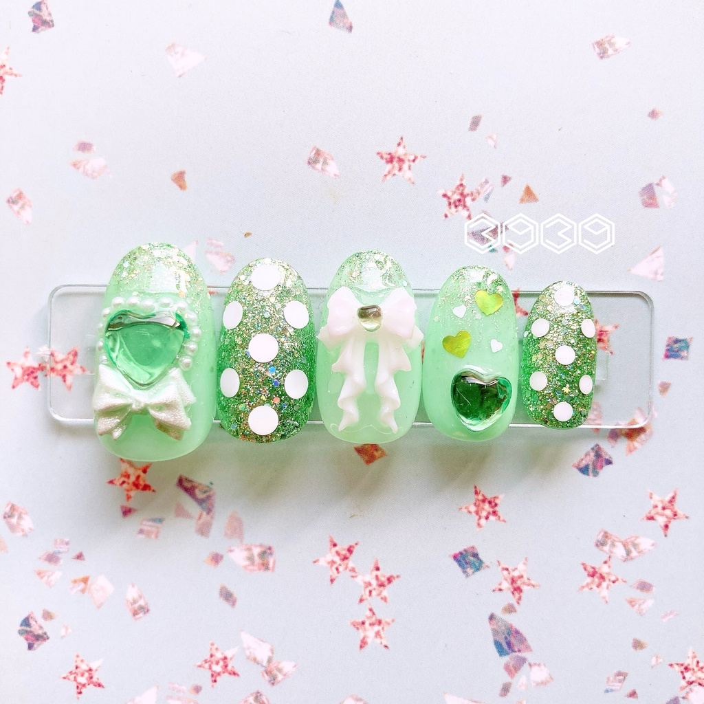 ネイルチップ 水玉×リボンネイル イエロー オレンジ レッド ピンク グリーン ライトブルー ブルー パープル 推し活ネイル 推し色ネイル