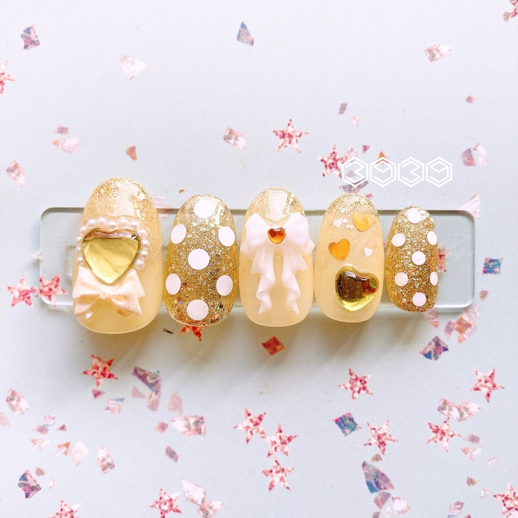 ネイルチップ 水玉×リボンネイル イエロー オレンジ レッド ピンク グリーン ライトブルー ブルー パープル 推し活ネイル 推し色ネイル