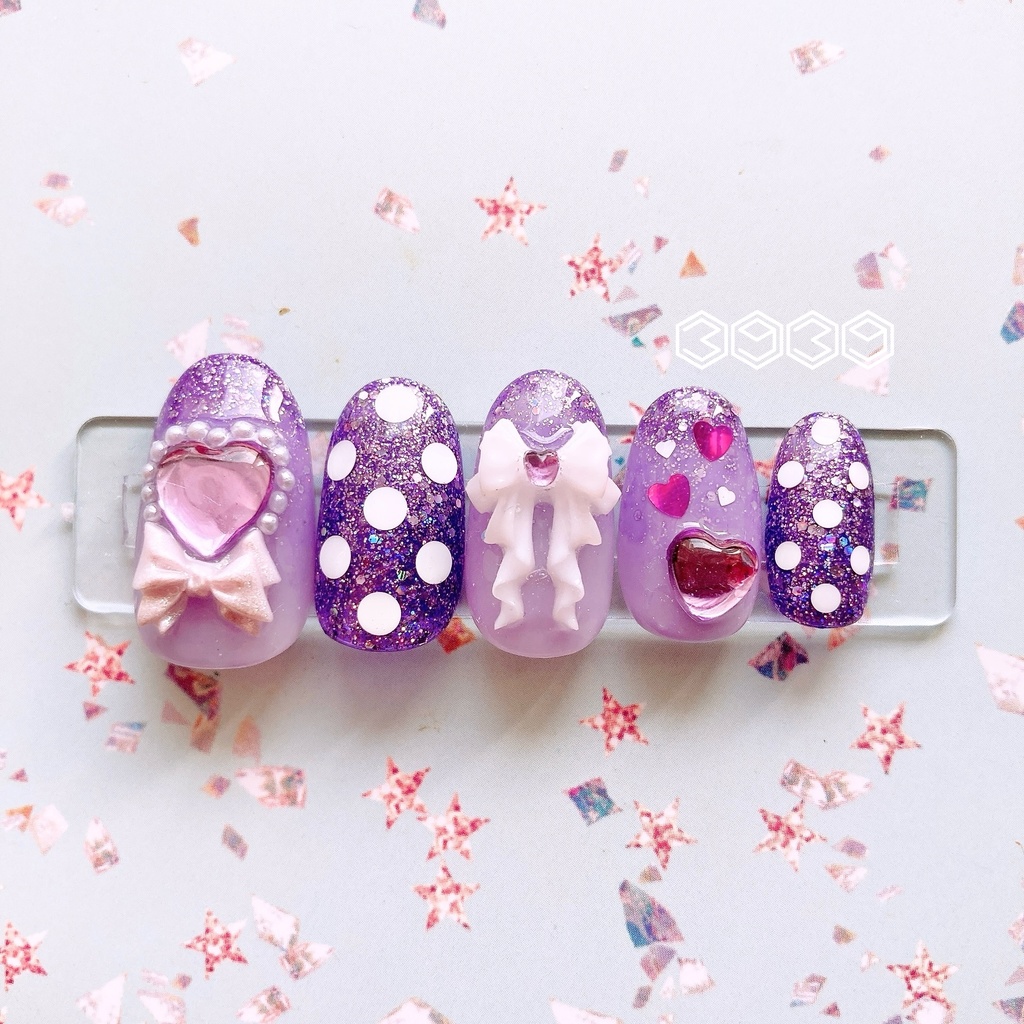 ネイルチップ 水玉×リボンネイル イエロー オレンジ レッド ピンク グリーン ライトブルー ブルー パープル 推し活ネイル 推し色ネイル