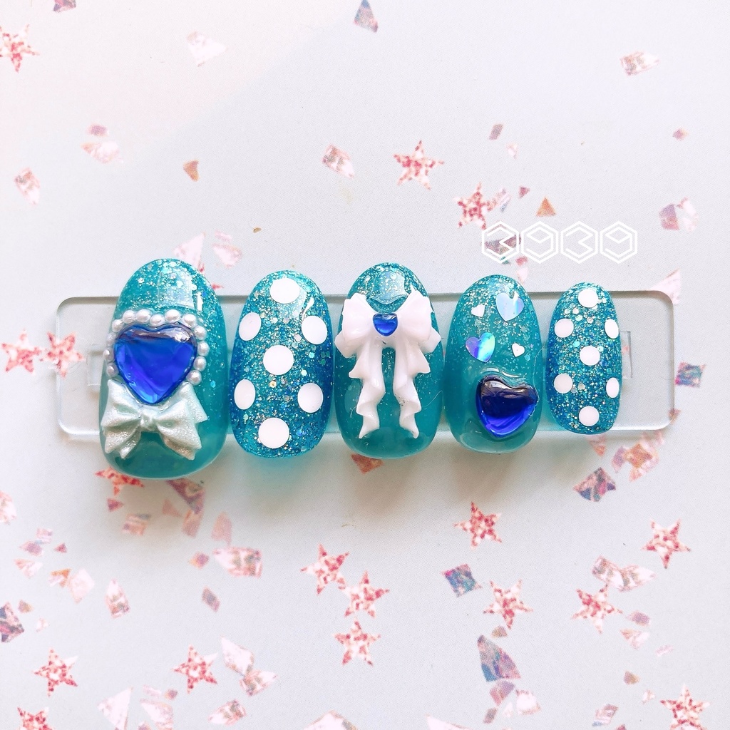 ネイルチップ 水玉×リボンネイル イエロー オレンジ レッド ピンク グリーン ライトブルー ブルー パープル 推し活ネイル 推し色ネイル