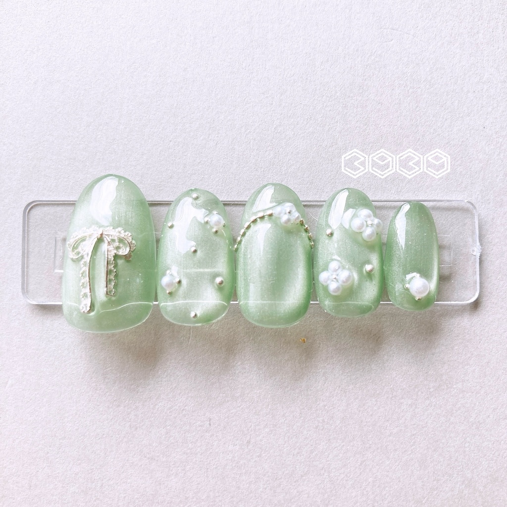 ネイルチップ パールフラワー×レースリボンネイル イエロー オレンジ レッド ピンク グリーン ライトブルー ブルー パープル 推し活ネイル 推し色ネイル