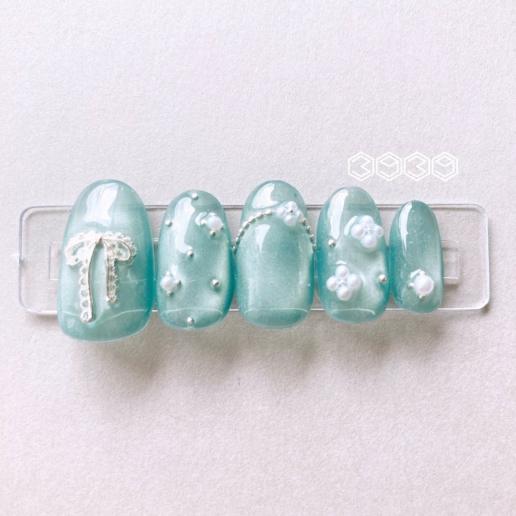 ネイルチップ パールフラワー×レースリボンネイル イエロー オレンジ レッド ピンク グリーン ライトブルー ブルー パープル 推し活ネイル 推し色ネイル