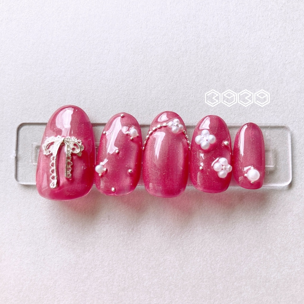 ネイルチップ パールフラワー×レースリボンネイル イエロー オレンジ レッド ピンク グリーン ライトブルー ブルー パープル 推し活ネイル 推し色ネイル