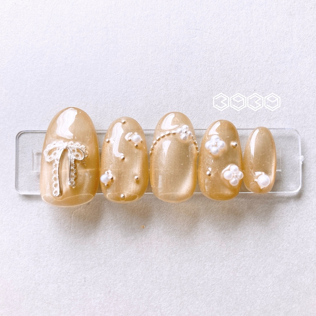 ネイルチップ パールフラワー×レースリボンネイル イエロー オレンジ レッド ピンク グリーン ライトブルー ブルー パープル 推し活ネイル 推し色ネイル