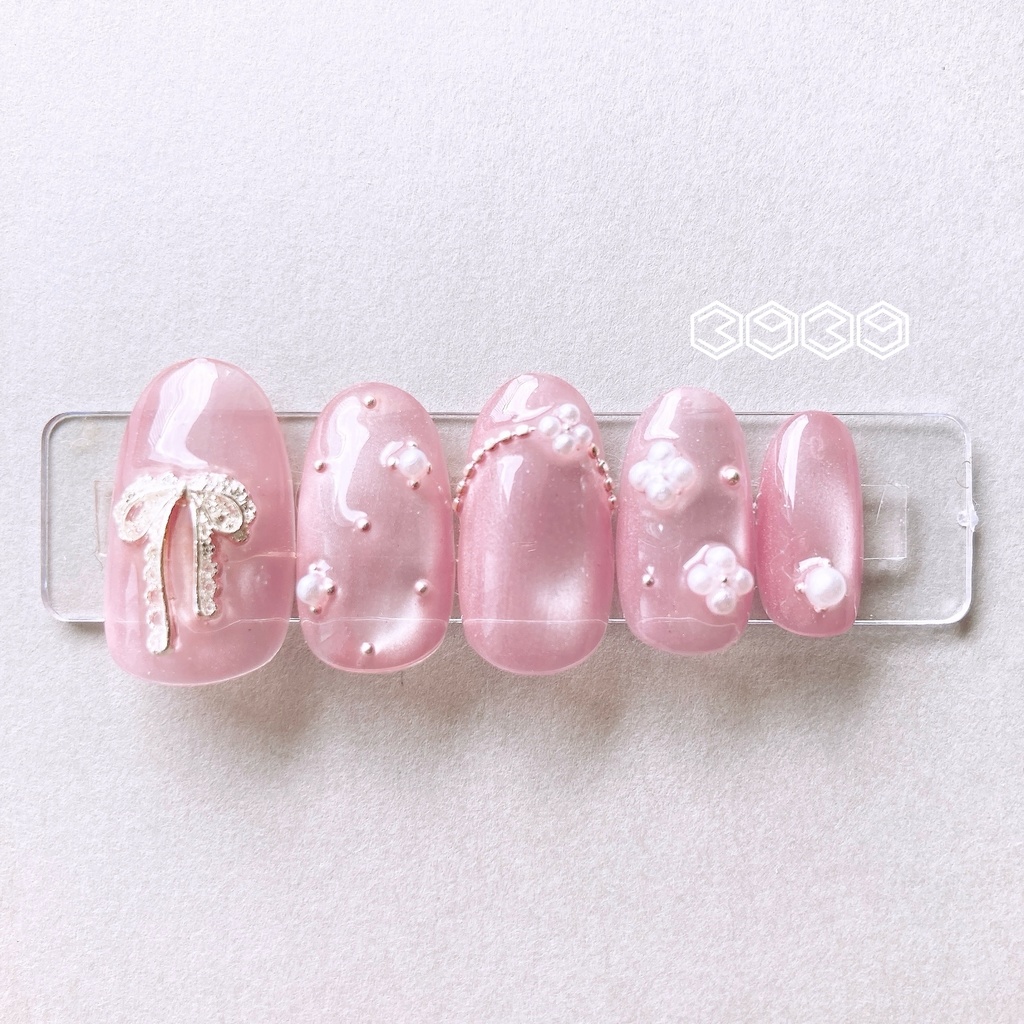 ネイルチップ パールフラワー×レースリボンネイル イエロー オレンジ レッド ピンク グリーン ライトブルー ブルー パープル 推し活ネイル 推し色ネイル