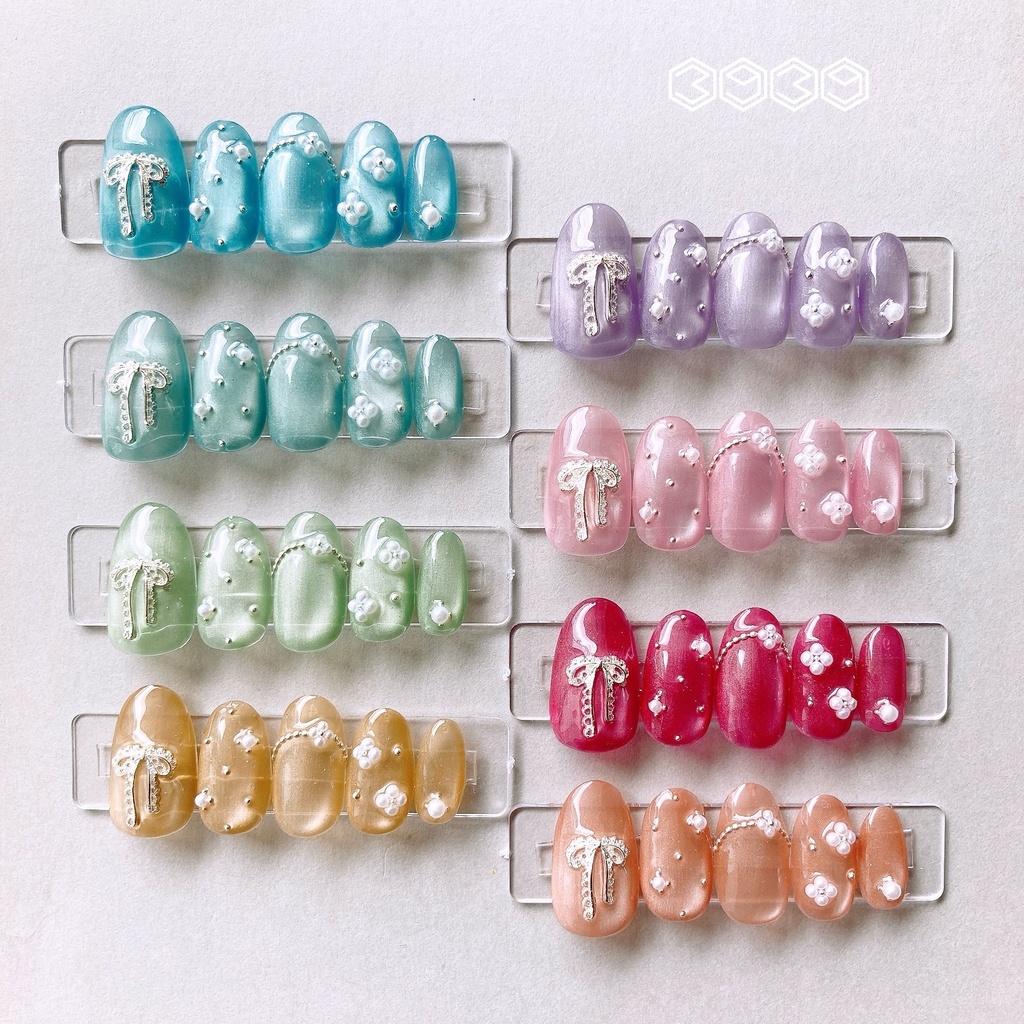 ネイルチップ　パールフラワー×レースリボンネイル　イエロー　オレンジ　レッド　ピンク　グリーン　ライトブルー　ブルー　パープル　推し活ネイル　推し色ネイル