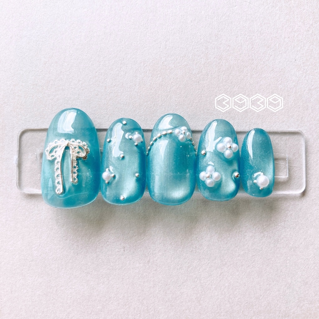 ネイルチップ パールフラワー×レースリボンネイル イエロー オレンジ レッド ピンク グリーン ライトブルー ブルー パープル 推し活ネイル 推し色ネイル