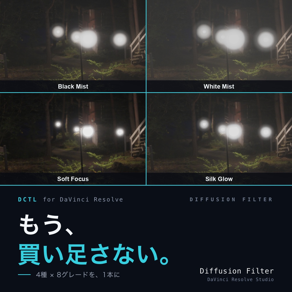 Diffusion Filter｜DaVinci Resolve 用 拡散フィルターDCTL（ブラックミスト等4種×8グレード・11カメラ対応）