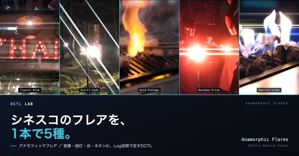Anamorphic Flares|DaVinci Resolve 用 アナモルフィックフレアDCTL(シネスコの横長の光条・筋の色5種・11カメラ対応)
